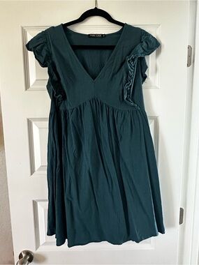 Fancyinn Teal Ruffle Sleeve V-Neck Mini Dress